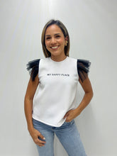 Load image into Gallery viewer, White shirt with tulle sleeves- "My happy place"