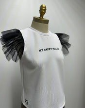 Load image into Gallery viewer, White shirt with tulle sleeves- "My happy place"