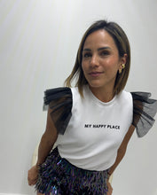 Load image into Gallery viewer, White shirt with tulle sleeves- "My happy place"