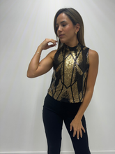 Load image into Gallery viewer, Black and gold sequined sleeveless blouse
